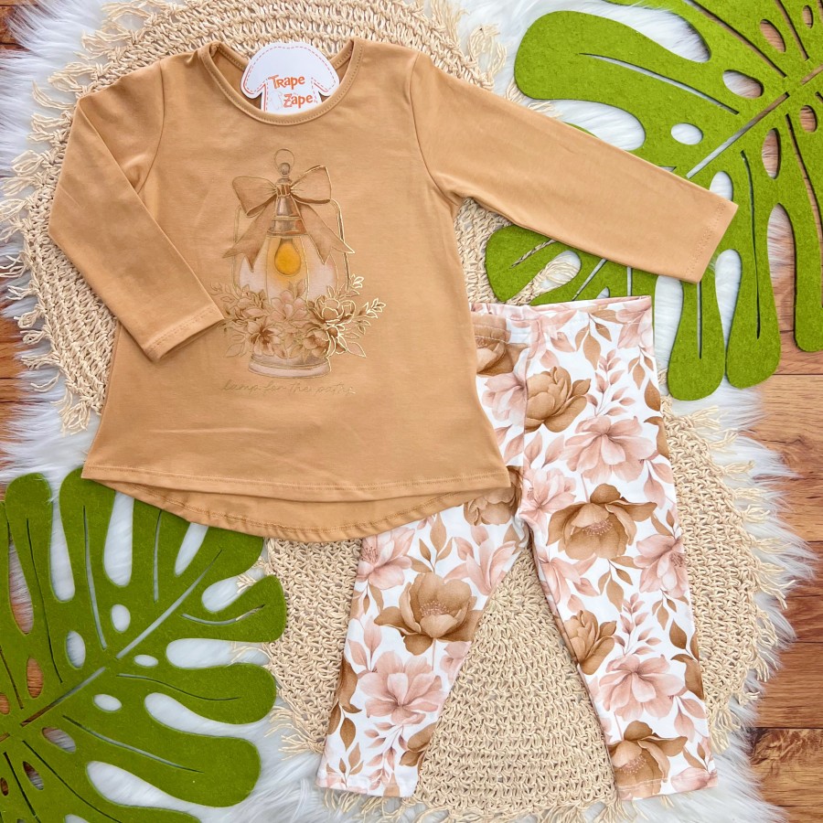 Conj. Blusa Manga Longa Lamp for the Paths e Calça Legging Floral - Caramelo